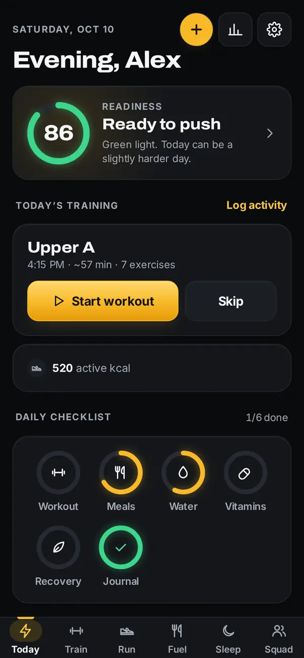 The LiftReady Today screen: this morning’s readiness score and today’s workout